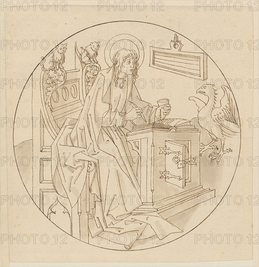 The Evangelist Johannes, beginning of the 16th century, feather in brown, light gray-brown washed, page: 19 x 18.2 cm |, Picture: 17 cm (diameter), not marked, Anonym, Oberrhein (Basel), Anfang 16. Jh.