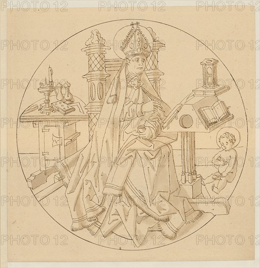 The hl., Antonius as a church father, beginning of the 16th century, feather in brown, light gray-brown washed, sheet: 18.5 x 18 cm |, Picture: 16.8 cm (diameter), not marked, Anonym, Oberrhein (Basel), Anfang 16. Jh.
