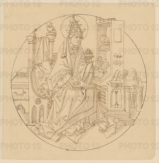 The hl., Pope Gregory as church father, early 16th century, feather in brown, light gray-brown washed, page: 19.3 x 19 cm |, Picture: 16.8 cm (diameter), not marked, Anonym, Oberrhein (Basel), Anfang 16. Jh.