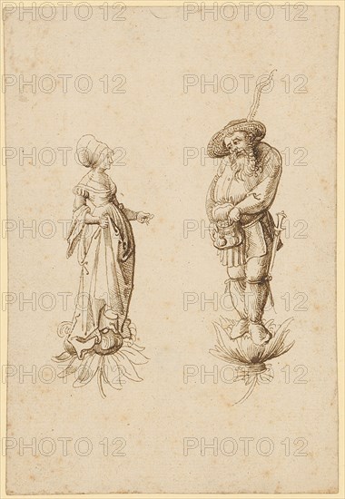 Citizen's wife and farmer (?), Standing on calyx, early 16th c., Feather in brown, folio: 14.9 x 10.2 cm, unsigned, Anonym, Oberrhein (Basel), Anfang 16. Jh.
