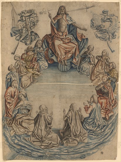 Christ as Judge of the World with the Apostles and Mary, 3rd quarter of the 15th century, pen and brush in black, watercoloured, composed of two blocks, page: 50.4 x 36.2 cm, not marked, Anonym, Süddeutschland (?), 3. Viertel 15. Jh.