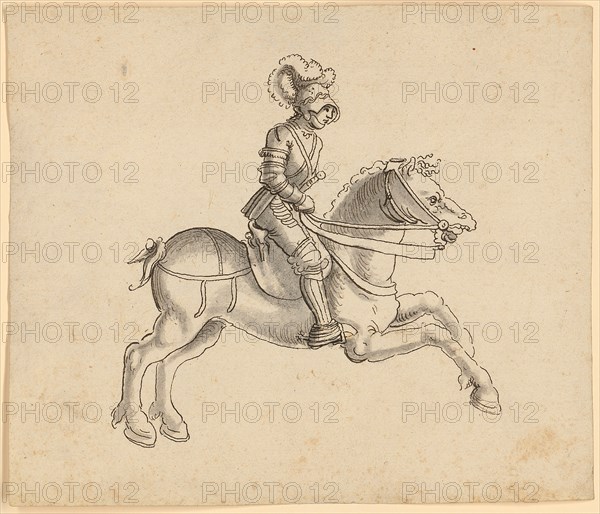 Horseman in armor, galloping to the right, early 16th century, feather in black, gray wash, sheet: 14.1 x 16.5 cm, unmarked, Anonym, Süddeutschland, Anfang 16. Jh.