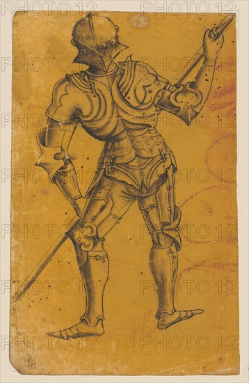 Warrior in heavy armor with lance, seen from the back, 2nd half of the 15th century, feather in black, gray wash, slightly heightened in white, on yellow primed paper, Sheet: 19.3 x 12.2 cm, Unmarked, Anonym, Süddeutschland (Ulm?), 2. Hälfte 15. Jh.