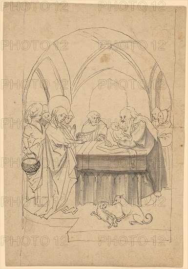The Depiction of Christ in the Temple, 2nd half of the 15th c., Feather in black, some in gray, sheet: 20.8 x 13.9 cm, unmarked, Anonym, Süddeutschland (Ulm?), 2. Hälfte 15. Jh.