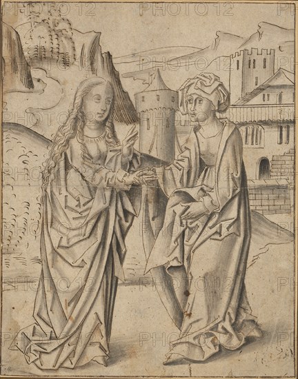 The meeting of Maria and Elisabeth, c. 1480, pen in brown, gray wash, sheet: 24.1 x 19 cm, not marked, Anonym, Süddeutschland (Augsburg), um 1480