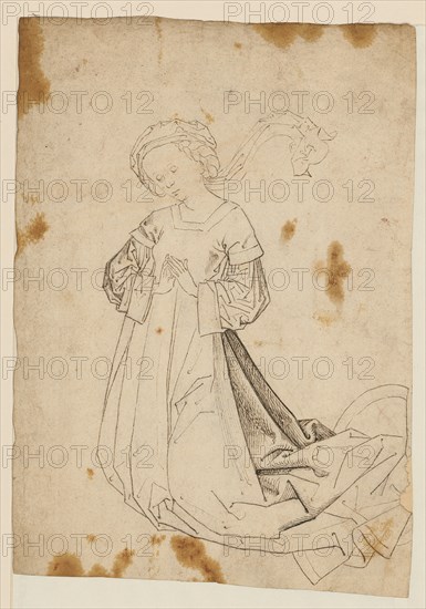 Kneeling Woman, in praying posture, late 15th century, feather in brown, verso: charcoal or chalk, leaf: 26.9, 27.6 x 19.2 cm, unsigned, Anonym, Schwaben, Ende 15. Jh.