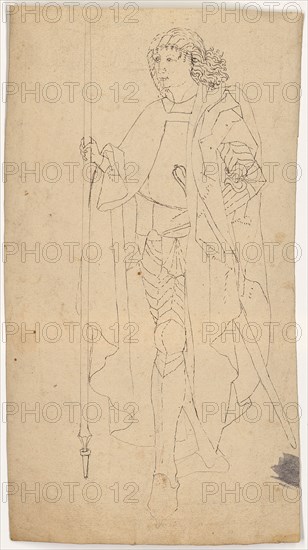 Knight in full armor, walking to the left, late 15th century, feather in black, verso: red chalk, leaf: 25.5 x 14 cm, unsigned, Anonym, Deutschland, Ende 15. Jh.