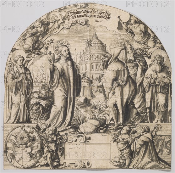 Broken glass for a lunette window with the temptation of Christ, flanked by Saints Benedict and James d., Ä., Lower left the coat of arms of Abbot Jacobus Maier, abbot of Muri, 1592, feather in black, gray washed, sheet: 65.3 x 65.7 cm, O. inscribed in the cartouche with pen in brown: Christum The Vyent Try Thet, Nach, he was four days old Gfastet Hat, u, ., dated in the cartouche with pen in black and monogrammed: 1592 DLM [lig.], Daniel Lindtmayer d. J., Schaffhausen 1552–1603 Stans