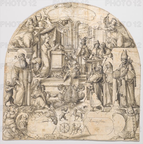 Broken glass for a lunette window with Christ in the temple, flanked by the saints Gallus and Otmar, below center the coat of arms of Bernhard II Muller, Abbot of St. Gallen, 1600, feather in black, gray washed, sheet: 64.7 x 64.7 cm, U, in the cartridge r., and l., of the coat of arms dated and signed: Anno 1600 Daniel, Lindtmayer Maller., Daniel Lindtmayer d. J., Schaffhausen 1552–1603 Stans