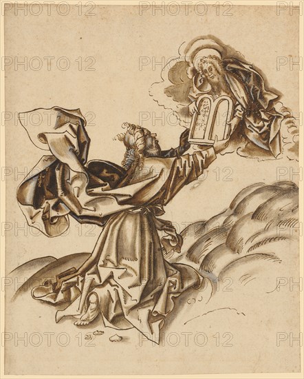 Moses receives the tablets of the law, c. 1490, pen in brown, brown and gray washed, heightened with white, leaf: 25.7 x 20.6 cm, unsigned, Hans Holbein d. Ä., (Werkstatt / workshop), Augsburg um 1460/65–1524