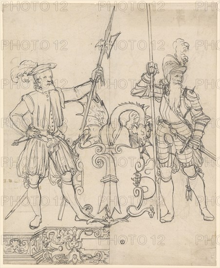 Broken glass with two warriors and the Basel coat of arms, feather (brush?), In dark gray, over preliminary drawing with black pencil, sheet: 44 x 36 cm, not marked, Hans Brand, Basel 1552–1577/78 (?) Basel