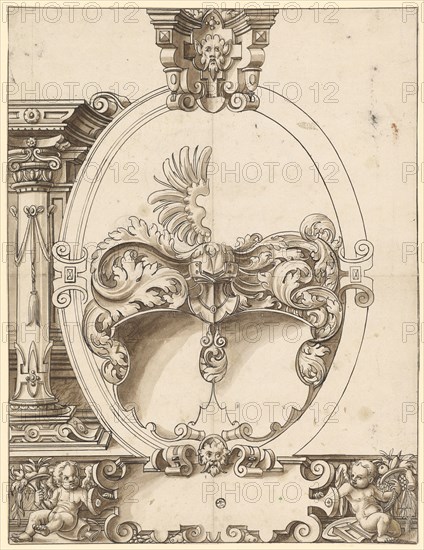 Broken glass with oval frame and two blank escutcheons, feather in black, brown wash, sheet: 38.4 x 29.4 cm, not marked, Hieronymus Vischer, (?), Basel 1564–1630 Basel, Hans Brand, (Kopie nach (?) / copy after (?)), Basel 1552–1577/78 (?) Basel