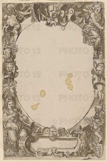 Broken glass with oval frame and empty middle picture, feather in black, brown washed, sheet: 31.9 x 20.9 cm, not marked, Hieronymus Vischer, (?), Basel 1564–1630 Basel, Hans Brand, (Kopie nach (?) / copy after (?)), Basel 1552–1577/78 (?) Basel
