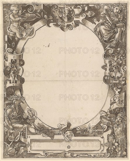 Broken glass with oval frame and empty middle picture, feather in black, brown washed, sheet: 38.4 x 31 cm |, Image: 37.5 x 30.1 cm, Not marked, Hieronymus Vischer, (?), Basel 1564–1630 Basel, Hans Brand, (Kopie nach (?) / copy after (?)), Basel 1552–1577/78 (?) Basel