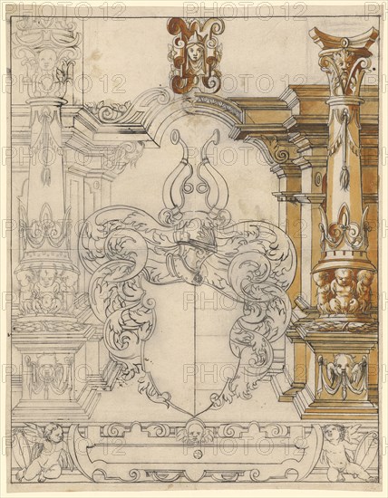Broken glass with empty blazon, pen in black, partly orange-brown watercolored, remains of a preliminary drawing with a black pencil, page: 39.8 x 30.6 cm |, Image: 38 x 30 cm, Not marked, Hieronymus Vischer, (?), Basel 1564–1630 Basel, Hans Brand, (Kopie nach (?) / copy after (?)), Basel 1552–1577/78 (?) Basel
