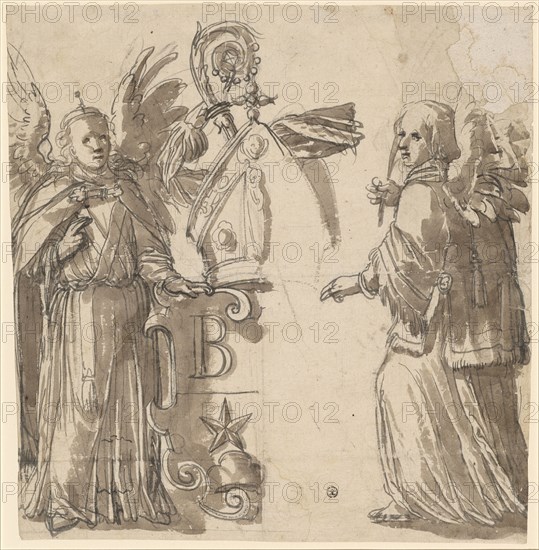 Two angels as a shield holder and the coat of arms of the abbot Simon Feunat of Bellelay, c. 1576, brush in dark gray, washed brown, remains of a preliminary drawing with a black pencil, sheet: 35.5 x 33 cm, unmarked, Hans Brand, (?), Basel 1552–1577/78 (?) Basel