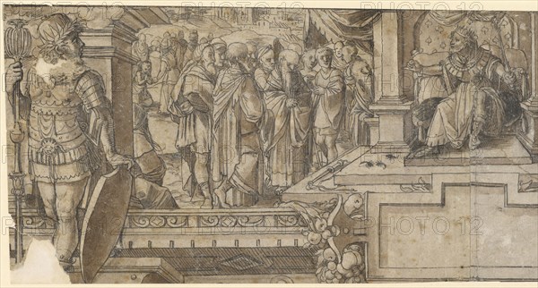 Design for a top picture with Rehabeam's cockiness (left half), pen in black, brown wash, sheet: 16.9 x 27.8 cm, not marked, Daniel Lindtmayer d. J., (oder / or), Schaffhausen 1552–1603 Stans, Hans Brand, Basel 1552–1577/78 (?) Basel
