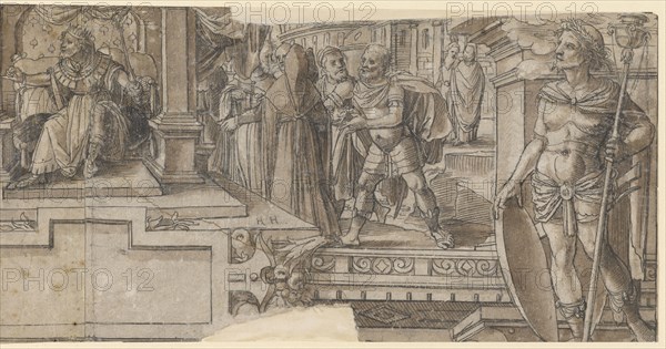 Design for an Upper Picture with Rehabeam's Supremacy (right half), c. 1574/75, feather in black, washed brown, sheet: 16.5 x 28.2 cm, unsigned, Daniel Lindtmayer d. J., (oder / or), Schaffhausen 1552–1603 Stans, Hans Brand, Basel 1552–1577/78 (?) Basel