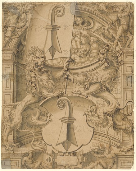 Disc tear with two lions as shield attendants and the coat of arms of the Basel stand, in the upper picture battle against basilisk, c. 1568/73, feather in dark brown, brown and gray brown washed, leaf: 46 x 36.7 cm, Ludwig Ringler, (Umkreis / circle), Basel 1536–1606 Basel