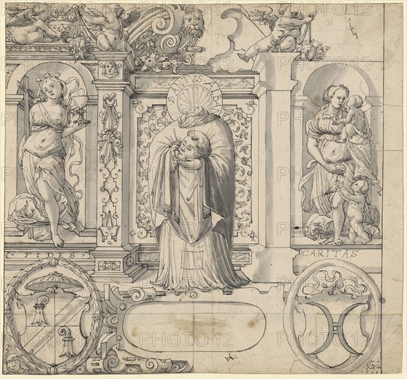 Slice tear with the hl., Alban, flanked by Fides and Caritas, among them the coats of arms of Hasenburg and Pfyffer (?), 1598, pen in black, gray wash, sheet: 34.9 x 37.4 cm, U. r., signed and dated: JGVischer [JGV lig.], 1598, in the halo of the saint: SANTVS ALBAN, each under the personifications: FIDES, CARITAS, color, Hieronymus Vischer, Basel 1564–1630 Basel
