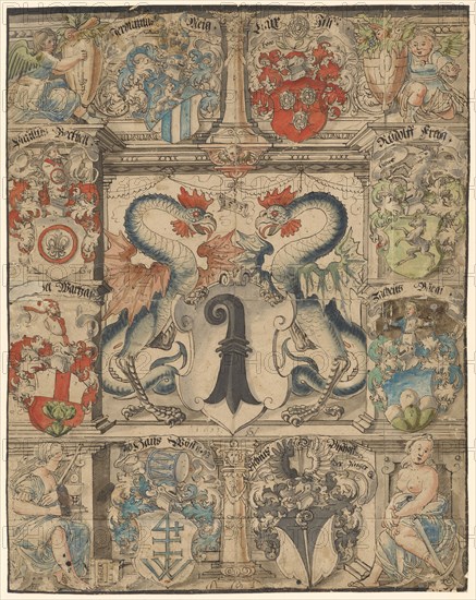 Broken glass with two basilisks as shield attendants and the Basel coat of arms, framed by eight other coats of arms, flanked below by Fides and Spes, 1593, feather in black, gray washed, in places colorfully watercolored, laminated, sheet: 46.7 x 36.9 cm, depiction on, Tablet dates: 1593, u, ., monogrammed and dated on the pedestal: 1593 JGV [lig.], each designated by the coats of arms: ..., Hieronymus Vischer, Basel 1564–1630 Basel