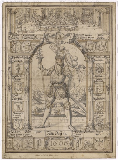 Disc ripped with armed giants, surrounded by 18 guild arms, in the upper guild guild, 1606, pen in black, gray washed, in places pink and light brown watercolored, old mounted, Journal: 65.5 x 47.1 cm, U. r., Monogrammed and dated at the feet of the giant: JGVischer [JGV lig.], 1606, u, ., in the cartouche: To., rijssen, ., dated in the cartouche below: 1606, each inscribed over the coat of arms: Haffner, Jörg Mijchel, Lienhartt, Fijscher, Marthin, Dieffendaller, Messerschmid, Petter Kugler, Zimerlitt, Paulus, Schreijfogel, Wagner, Mijchel Haupt, Spengler, Hans Jacob Iltisz [?], Sword, hunter, Schiffmacher, Huffschmid, Thomasz, Wagner, Zijegler, Bader, Conrad Geschwind, Schärer, Hans Conrad, Rupp, Kanengieser, Rumanusz, Wagner, Seijler, Casper Folz, Locksmith, Marthin, Barcher, Goldsmith, Hans Voll, Schijfflitt, Jacob Fux, Kupferschmid, Rudolff Müller, color, Hieronymus Vischer, Basel 1564–1630 Basel