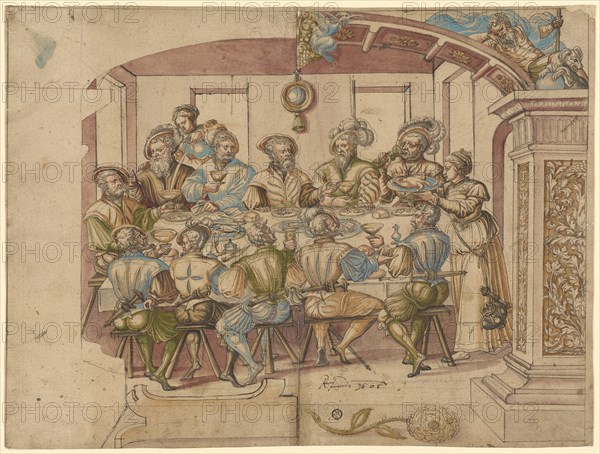 Disc break with guild meal (feast meal?), Around 1555, feather in dark gray, colored in watercolor, remains of a preliminary drawing with black pencil, lead lines, sheet: 31.2 x 41.3 cm, unsigned, David Joris (Jorisz.), Brügge (?) oder Gent 1501 (oder 1502) – 1556 Basel