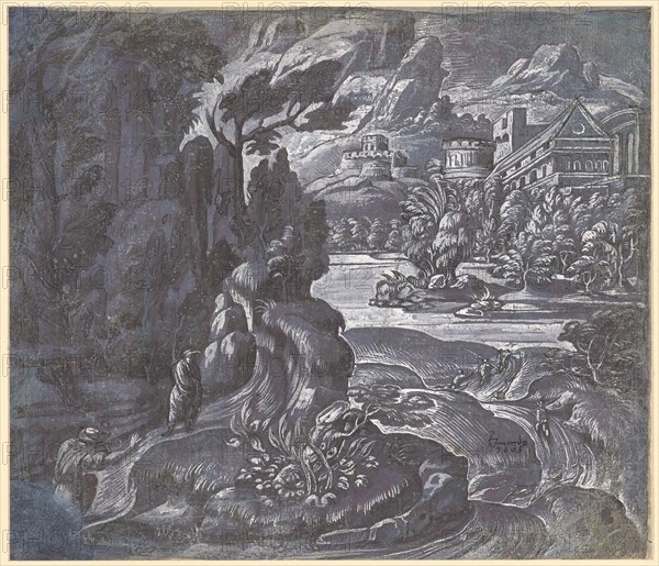 Fantastic mountainous landscape with hikers, feather and brush in black and gray, heightened in white, on dark violet tinted paper, mounted ???, Sheets: 22.4 x 25.8 cm, Unmarked, David Joris (Jorisz.), Brügge (?) oder Gent 1501 (oder 1502) – 1556 Basel