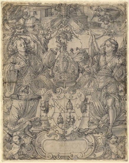 Slice tear with two angels as Schildbgleitern and the coat of arms beat Pope, abbot of Lützel (Lucelle, Alsace), in the Oberbild proclamation, 1583, feather in black, gray washed, completely raised, sheet: 41.7 x 33 cm, U. r., and l., of the escutcheon monogrammed and dated: D., .L., .15 .83., Daniel Lindtmayer d. J., Schaffhausen 1552–1603 Stans