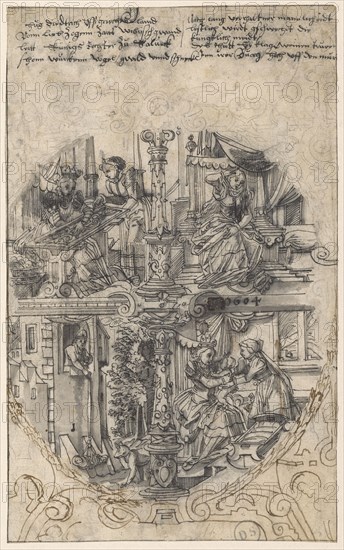 Disc break with four scenes from the story of Hugdietrich of Greece (embroidering queen and Hugdietrich in the dress, weeping queen, suspension of the son Wolfdietrich, queen with child and maid), 1604, feather in black, gray wash (middle picture), feather in brown (, Frame), preliminary drawing with black pencil, laminated with Japanese paper on the back, sheet: 29.2 x 18 cm, in the picture r., dated with pen in black: 1604, o. inscribed: Hug diedtrich vss greece, Vonn lieb zogenn tender wibisch gwand, lert kuenigs daughter to salueck, beautiful wurkenn birds, gwild and snail, After long relationship maleidt, lestlich is gschweigdt the küngklich avoid, the thutt sy lament cry trüve, Inn, erroneous Buorg high uff the urge [e], Daniel Lindtmayer d. J., (Kopie nach / copy after), Schaffhausen 1552–1603 Stans, Hans Rudolf Lando, (?)