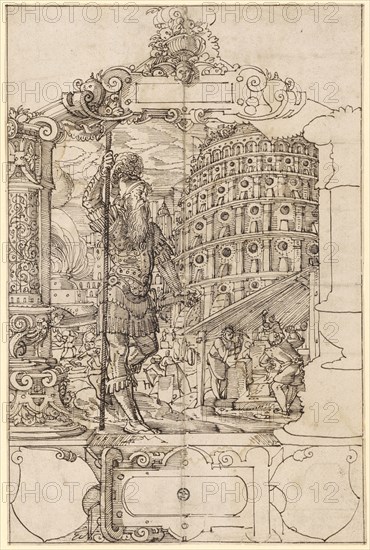 Broken glass with battlements to Babel, including two empty escutcheons, 1571, feather in dark brown, sheet: 31.4 x 20.7 cm, in the picture l., dated and monogrammed on the parapet: 1571 DLM [lig.], Daniel Lindtmayer d. J., Schaffhausen 1552–1603 Stans