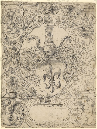 Broken glass with unidentified fleur de lys (Wyss, Bern or Rüdin, Basel?), In the upper pictures Moses and the bronze serpent, 1581, pen in black, leaf: 40.9 x 30.7 cm, U. in the cartouche dated and monogrammed: .1581, D.L.V.S., Daniel Lindtmayer d. J., Schaffhausen 1552–1603 Stans