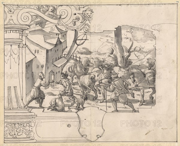 Broken glass with driver in front of a tavern, below blank blazon, feather in black, partly gray washed, remains of a drawing with black pencil, on l., R., and u., Edged border, page: 31.8 x 39.7 cm, Not specified, Christoph Murer, Zürich 1558–1614 Winterthur