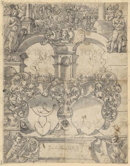Disc tear with two empty coats of arms (later coat of arms hornlocher added), flanked above by Fides and Pax, in the upper picture David with the spear and jug of the Saul, 1593, feather in black, gray washed, later supplemented with feather in greyish brown, remains of a preliminary drawing with, black pencil, completely wound up, sheet: 38.8 x 30.2 cm, U. on the ledge monogrammed and dated with brush in gray: HIP [lig.] 1593, Hans Jakob Plepp, Biel um 1557/60 – 1597/98 wohl in Bern