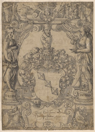 Slice tear with coat of arms Peyer, flanked by Fortitudo and Temperantia, in the upper picture shooting on the dead father, 1575, feather in black, gray washed, on all four sides edges, completely raised, sheet: 43.1 x 30.7 cm, U. each on the pedestals, of the figures: FVRTITVD, TEMPERAN, u, ., in the cartouche with feather in dark brown: Heinrich and Hanns Andres Peyer, Geprüeder 1575, Hans Jakob Plepp, Biel um 1557/60 – 1597/98 wohl in Bern