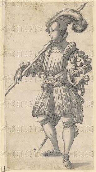 Young warrior, feather in black, gray wash, sheet: 40 x 21.1 cm, unmarked, Anonym, Schweiz, 2. Hälfte 16. Jh., Hans Jakob Plepp, (?), Biel um 1557/60 – 1597/98 wohl in Bern