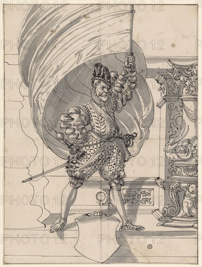 Broken glass with standard bearer, below blank blazon, c. 1585, pen in black, gray washed, sheet: 39.7 x 29.8 cm |, Image: 39.3 x 29.5 cm, Not marked, Hans Jakob Plepp, Biel um 1557/60 – 1597/98 wohl in Bern