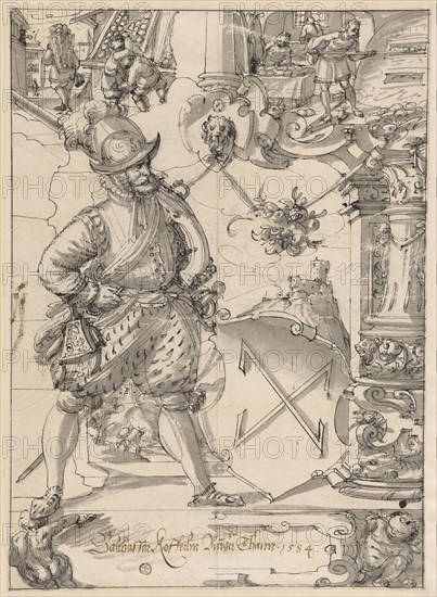 Disc tear with musketeer as a shield attendant and coat of arms Balthasar Kofferlin by Thann, in the upper picture scenes from the bakery trade, 1584, pen in black, gray washed, on all four sides angriated, sheet: 35.2 x 25.1 cm, U. in the cartridge with pen in brown, Inscribed: Balthassar Kofferlin Burger to Thann .1584., Hans Jakob Plepp, Biel um 1557/60 – 1597/98 wohl in Bern