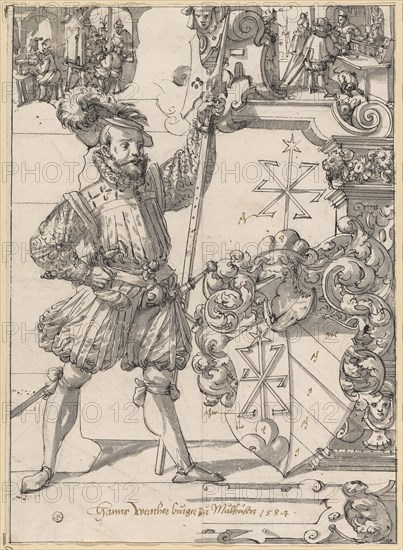 Disc break with musketeer as sign accompanist and coat of arms Hans Werner von Mühlhausen, in the upper picture scenes from the goldsmith's trade, 1584, feather in black, gray wash, sheet: 35.1 x 25 cm, 25.6 cm, U. in the cartouche with pen in brown: Hanns, Wernher burger to Mulhusen in 1584, color, Hans Jakob Plepp, Biel um 1557/60 – 1597/98 wohl in Bern