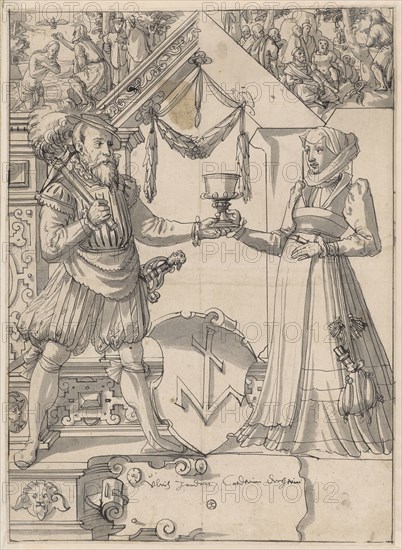 Disc tear with married couple as shield attendants and the coat of arms of Ulrich Zander, in the upper images Baptism of Christ and sermon by Jonannes' des Täufers, feather in black, gray washed on all sides, sheet: 39.4 x 28.4 cm, U. inscribed in cartouche:, Vlrich Zander, Catherine Dregerin, Hans Jakob Plepp, Biel um 1557/60 – 1597/98 wohl in Bern