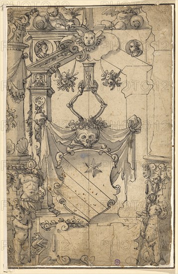 Broken glass with coat of arms of Conrad Lycosthenes (Wolfhart) by Rouffach, 1585, pen in black, gray washed, fully wound up, page: 32.9 x 20.8 cm, color information, Hans Jakob Plepp, Biel um 1557/60 – 1597/98 wohl in Bern