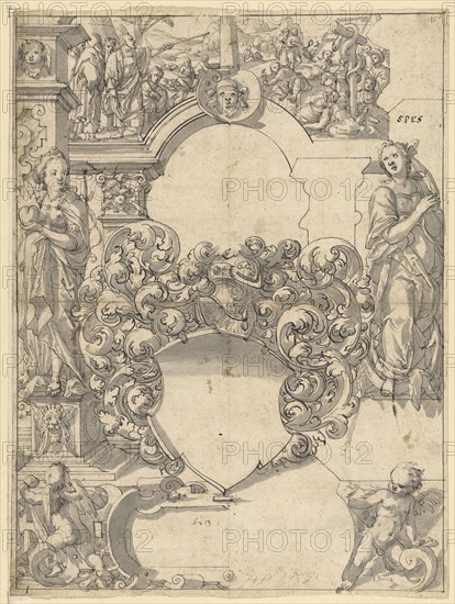 Broken glass with blank escutcheon, flanked by Fides and Spes, om Upper picture Erection of the iron serpent by Moses, 1592, feather in black, gray wash, sheet: 39.8 x 29.7 cm |, Picture: 39 x 28.9 cm, U. in the edge of the cartouche with brush in gray monogrammed and dated: HIP [lig.] 1592, above the right figure: SPES, Hans Jakob Plepp, Biel um 1557/60 – 1597/98 wohl in Bern