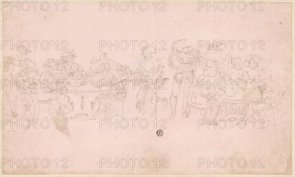 Coiling and Musician Confederate Warriors, 1st half of the 16th century, metal pencil, on light pink primed paper, laminated, Sheet: 19.4 x 32.3 cm, Unmarked, Anonym, Schweiz, 1. Hälfte 16. Jh.