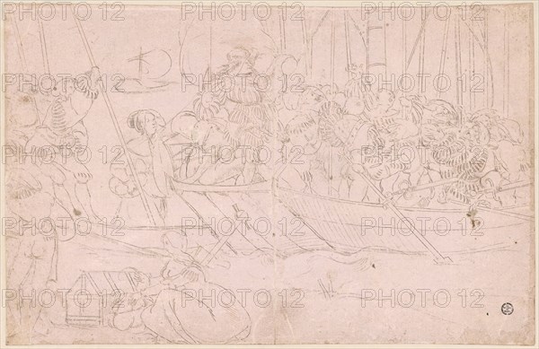 Confederate Warriors in boat, 1st half of the 16th century, metal pencil, on paper primed in light pink, laminated, Sheet: 20.8 x 32.3 cm, Not marked, Anonym, Schweiz, 1. Hälfte 16. Jh.