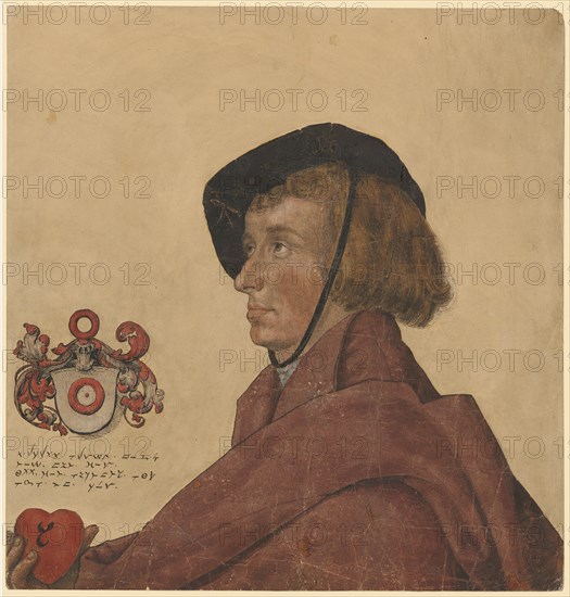 Portrait of a young man, pen in brown, brush and cover colors, cut along the contours and mounted on paper, as well as the coat of arms, sheet: 27.8 x 25.6 cm (sheet size in its present state), cipher copied after the original on the sublime paper, Ambrosius Holbein, (Umkreis / circle), Augsburg um 1494 – um 1519 Basel (?)
