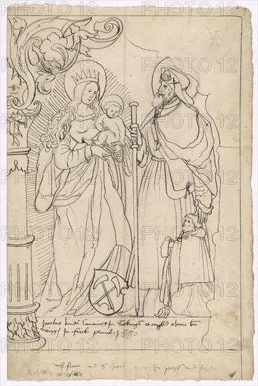Slice tear with Maria and child, hl., Jakobus major and kneeling donor, below the coat of arms Bind, 1530, pen in black, preliminary drawing with black pencil, sheet: 32.5 x 21.5 cm |, Image: 29.2 x 20.4 cm, U. inscribed in the cartouche: jacobus binds canonicus jn Sackinge et cappll ... jn frick ... 1530, including: vnsz fraw and jacob ..., Anonym, Schweiz, 1. Hälfte 16. Jh.