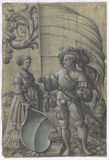Disc tear with standard bearer and woman as shield companion and unidentified coat of arms, 1531, feather in black, brush in gray, heightened with white, in places orange and greenish watercolors, on greenish gray primed paper, sheet: 32.3 x 21.8 cm, U. monogrammed on the tablet and, dated: CHP [IEP?], 1531, Anonym, Schweiz, 1. Hälfte 16. Jh.