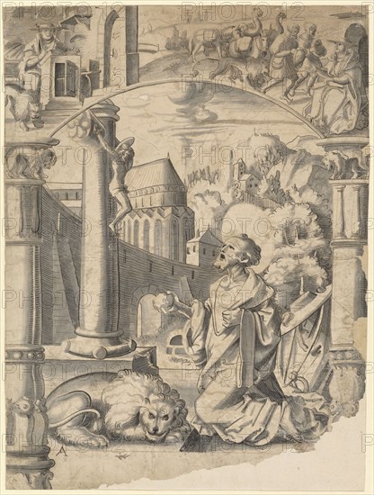 Slice tear with the buses of the hl., Hieronymus, in the upper picture scenes from the life of the saint, feather in black and light brown, gray washed, laminated, Sheet: 42.7 x 31.8 cm, 32.4 cm, unsigned, Anonym, Schweiz, 1. Hälfte 16. Jh., Balthasar Han, (?), Basel 1505–1578 Basel