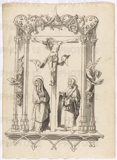 Christ on the cross between Mary and John, in architectural frame, feather in black, greyish lavender, Leaf: 28.9 x 21 cm, Unmarked, Anonym, Süddeutschland (Augsburg), um 1500