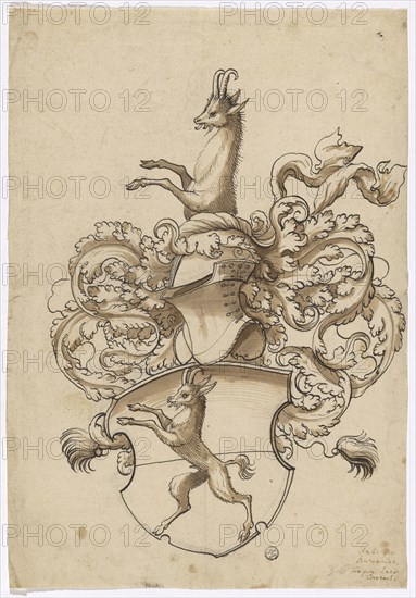 Blank blazon (Hans von Rispach?), Pen in black, brown washed, traces of a preliminary drawing with black pencil, Journal: 30.3 x 21 cm, Unmarked, Anonym, Schweiz, 2. Hälfte 16. Jh.